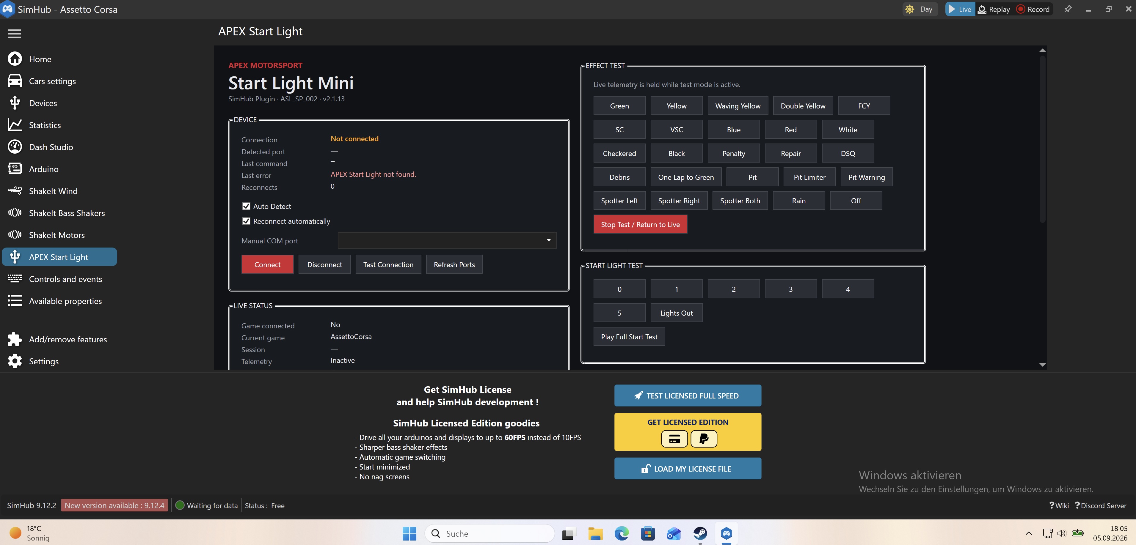 APEX Start Light plugin in SimHub showing connection status and controls for testing race effects and start lights